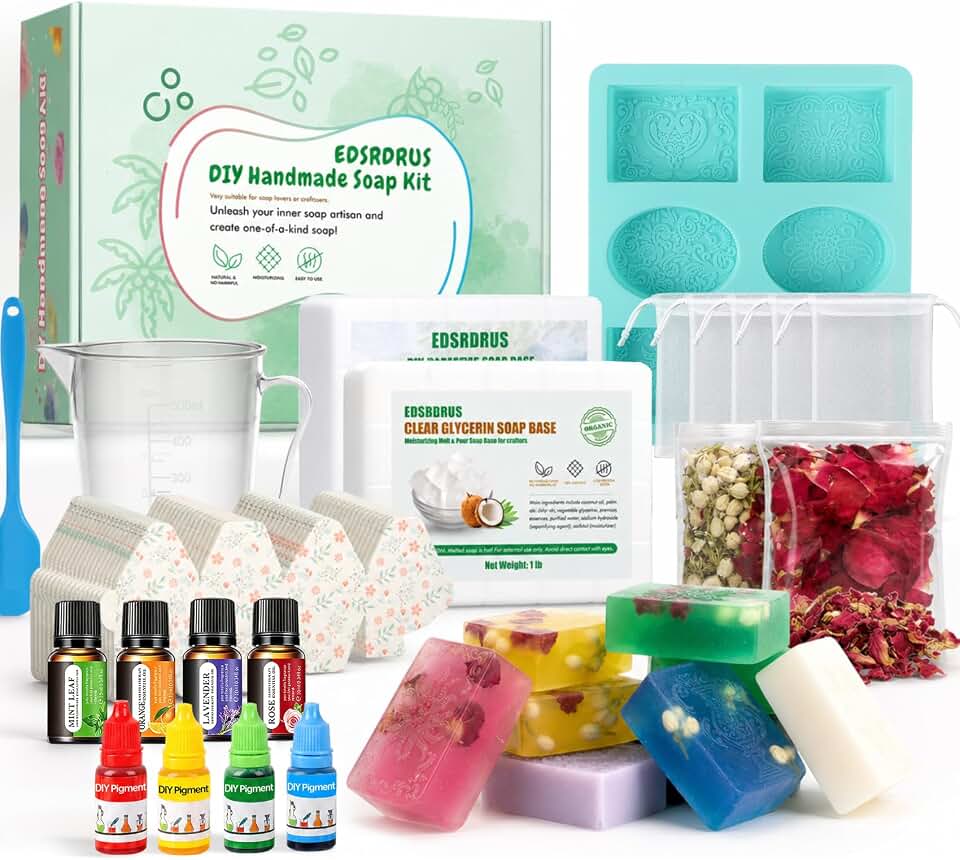 Basic Soap Making Kit with 2 lb Base, Molds, Oils &amp; Pigments | 2lb glycerin base, silicone molds, dried flowers, essential oils &amp; dyes. Complete DIY craft kit for beginners.