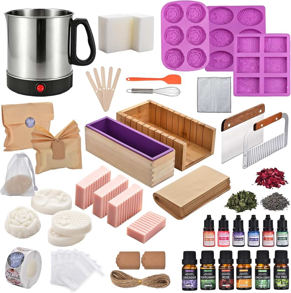 Soap Making Kit for Adults All-in-One DELUXEPRO DIY Soap Making Supplies | 500+PCS with Melter Pot, Goat Milk Soap Base, Dyes, Essential Oil &amp; Fragrances, 3 Silicone Molds, Silicone Loaf Molds