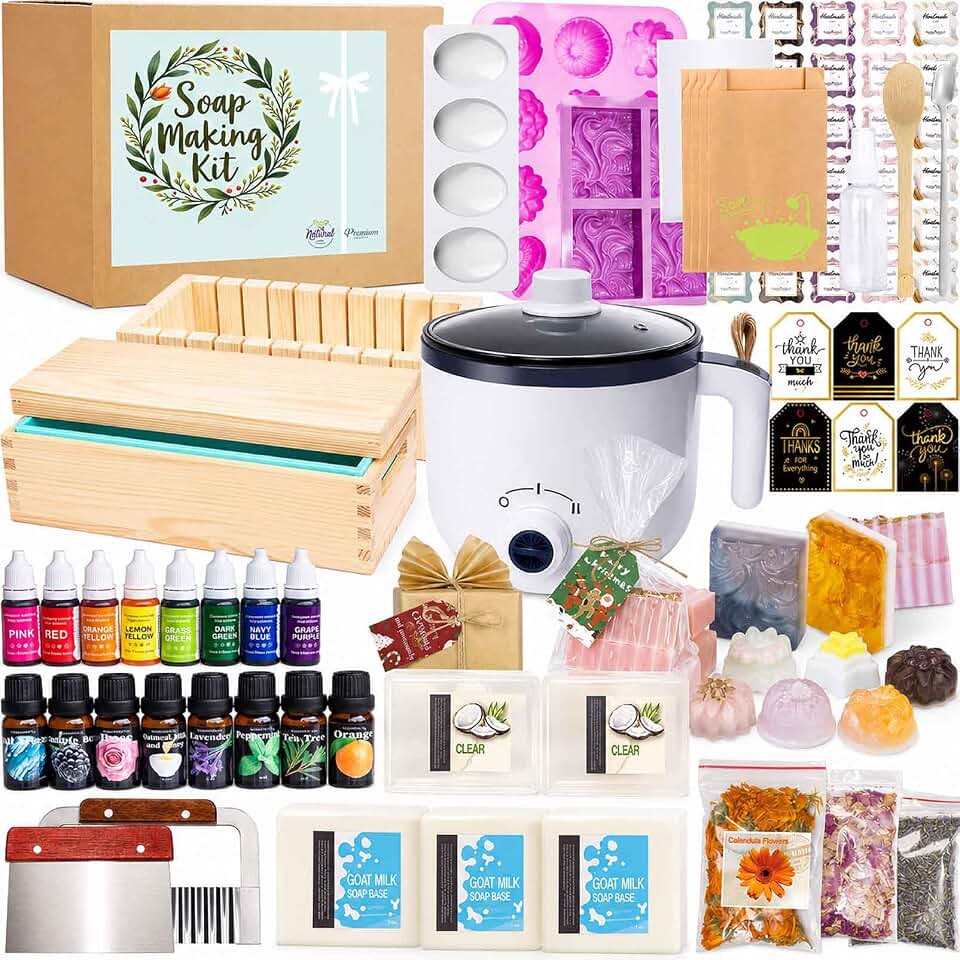 Soap Making Kit for Adults and Kids - Soap Making Supplies with Soap Melter, 5 lb Melt &amp; Pour Soap Base, Soap Loaf Molds, Cutting Box, Silicone Molds, Essential Oil &amp; Fragrances Beginner DIY Kits