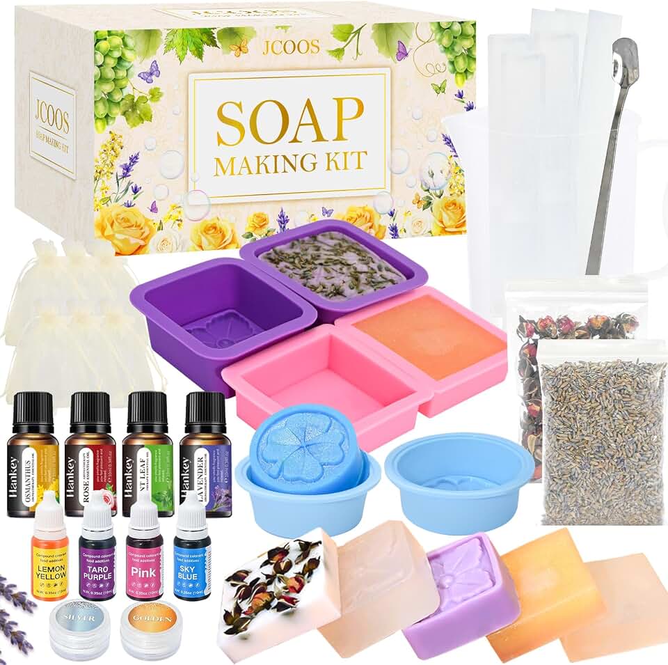 Jcoos Soap Making Kit, Soap Making Kit for Adults Teens &amp; Beginners, Soap Making Supplies with Soap Base, Soap Mold, Soap Colorant, Fragrances, Dried Flowers, Glitter - Easy and Fun Craft DIY Kits