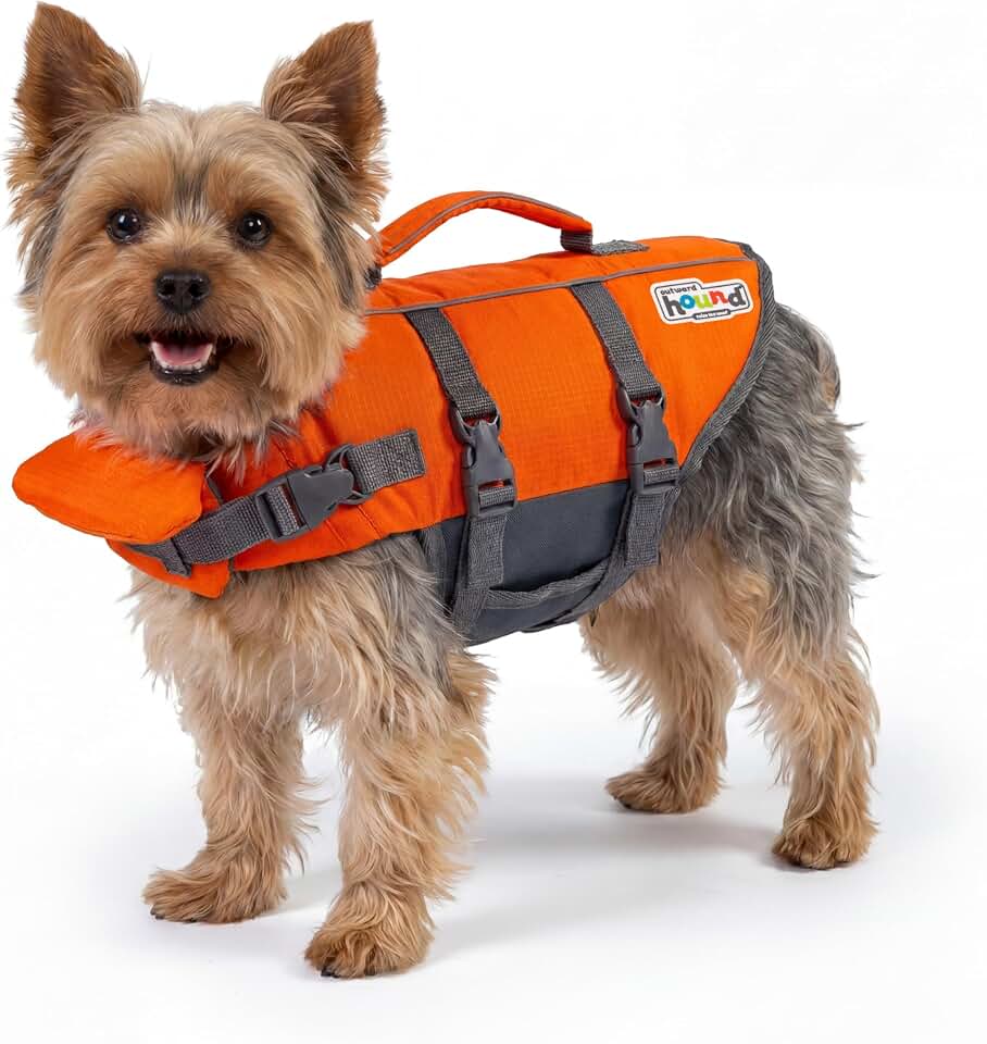 Outward Hound Granby Splash Dog Life Jacket, Life Vest, Orange, X-Small | Max Buoyancy, Adjustable Fit, Head/Neck Support, Rescue Handle, Reflective, Swimming &amp; Boating, X-Small Dogs (11–15" Girth)