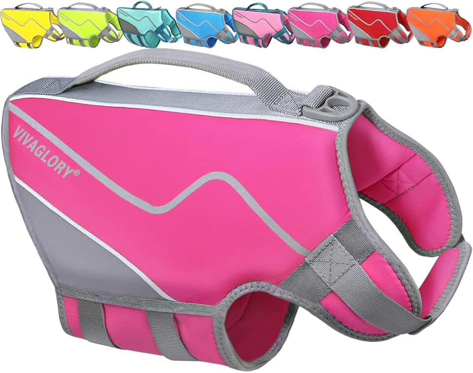 VIVAGLORY Dog Life Vest Neoprene Dog Swim Vest, S, Pink | High Visibility Adjustable for Doggy Cat Puppy, Lifejacket with Leash Ring &amp; Handle for Swimming &amp; Boating