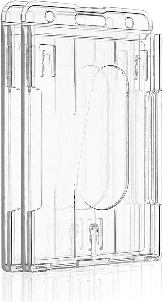 Pawfly 2 Pack Vertical 2-Card Badge Holders for Office School IDs | Rigid transparent PC case holds 2 cards vertically thumb slot allows easy card removal for office, school and access IDs