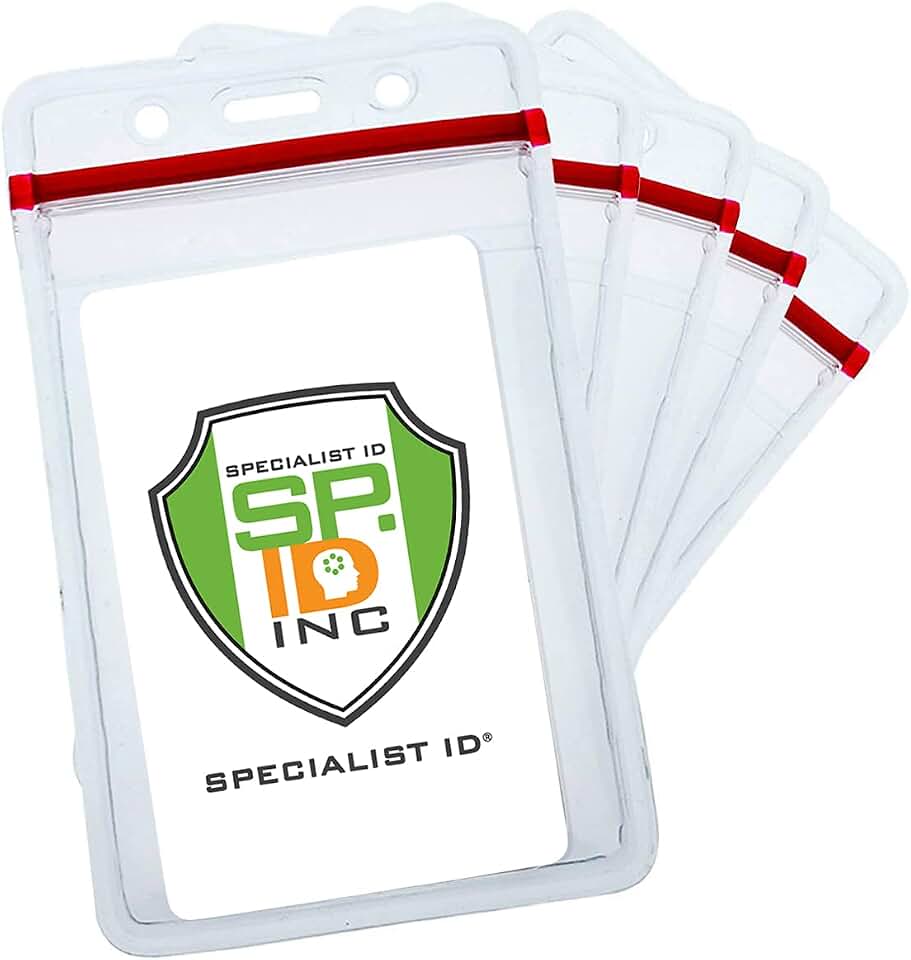 Bulk 100 Pack - Heavy Duty Clear Vinyl Badge Holders for Vertical Name Badges - Great for Employee or Student ID Card - Water Resistant Sleeves w Red Resealable Top for Multiple Cards by Specialist ID