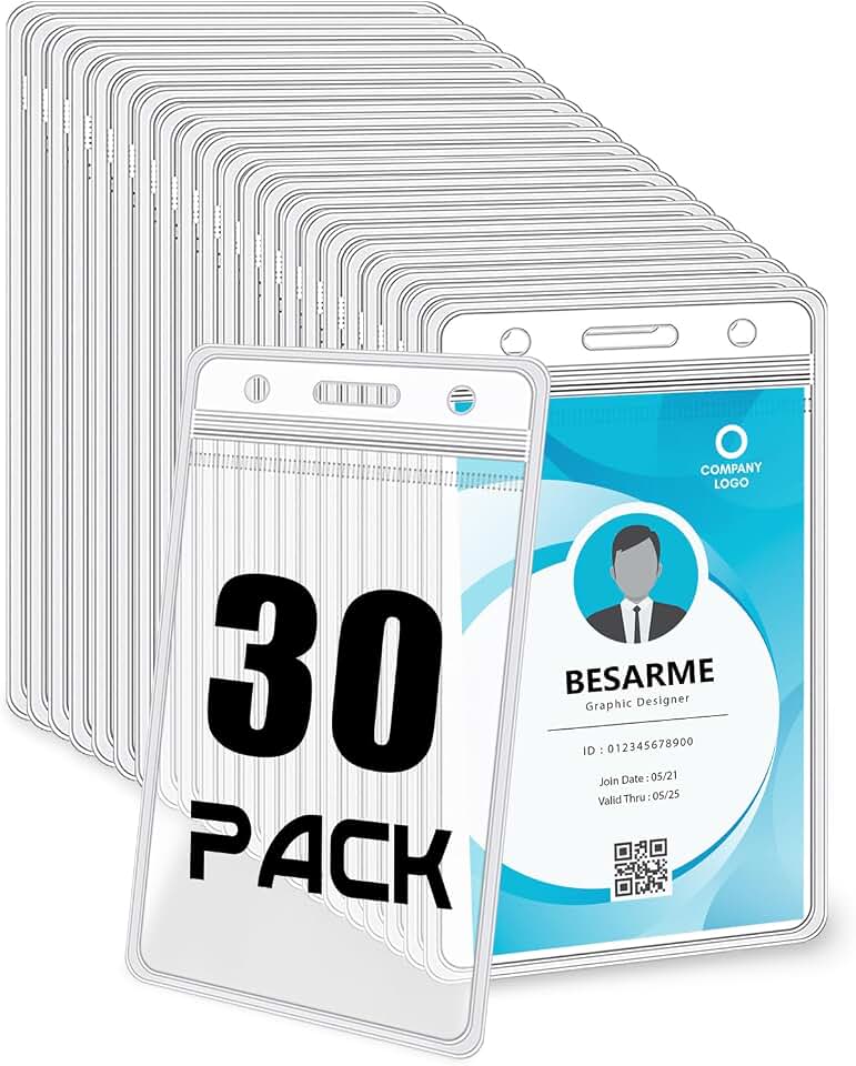 BESARME 30 Pack Vertical ID Badge Holders, Clear Waterproof PVC | Resealable zip closure, scan-through clear plastic, 4.5 x 2.7 in, for ID cards, name tags, work badges