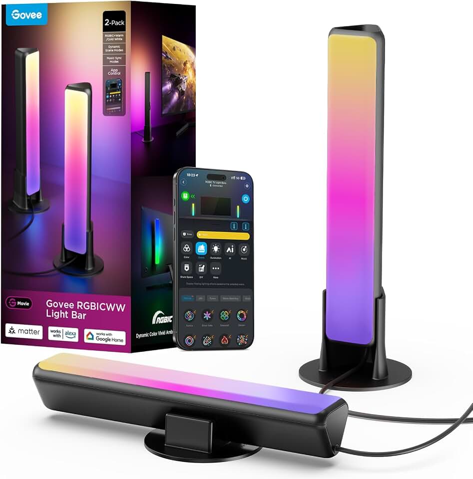 Govee Smart Light Bar, RGBICWW TV Lights for Living Room, Gaming, Black | Compatible with SmartThings, Matter, Alexa, LED Light Bar with Scene and Music Modes for Living Room, Gaming, PC, App Controlled ClimatePartner certified