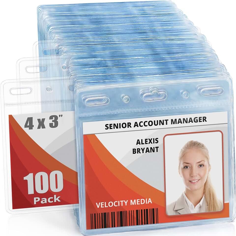4x3 Horizontal ID Name Badge Holder - Quick Load Zipperless, 100 Pack | Mifflin clear plastic identification card &amp; name tag holders, soft edge, no zipper, pre-punched holes for all lanyard clips