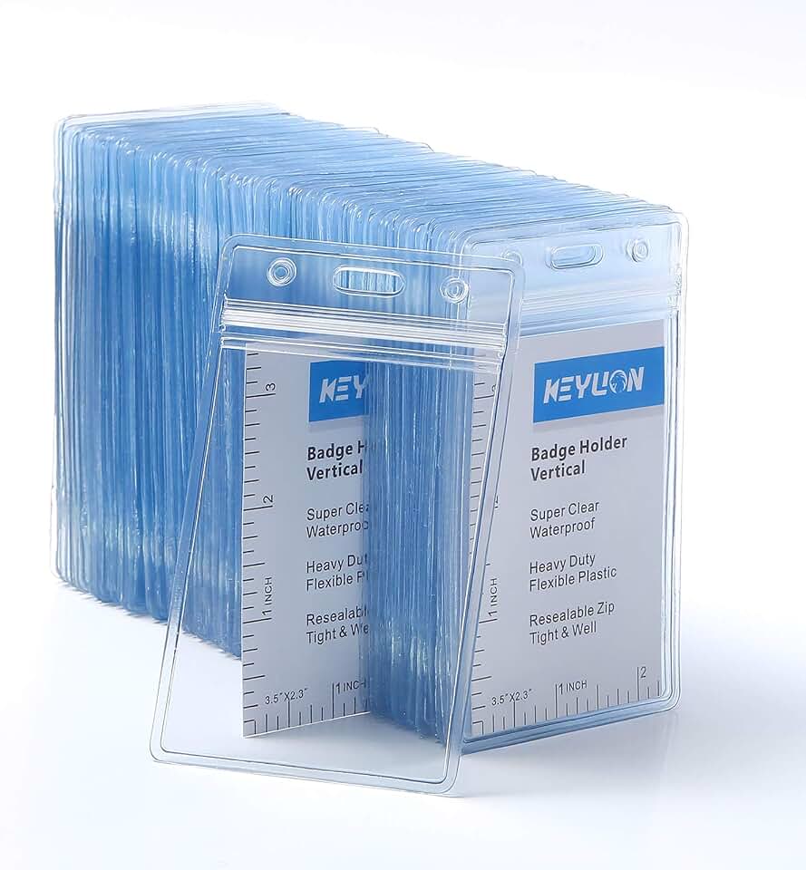 100 Pack ID Card Name Badge Holder, Heavy Duty Clear Transparent Plastic PVC Vertical Sleeve Pouch with Waterproof Type Resealable Zip