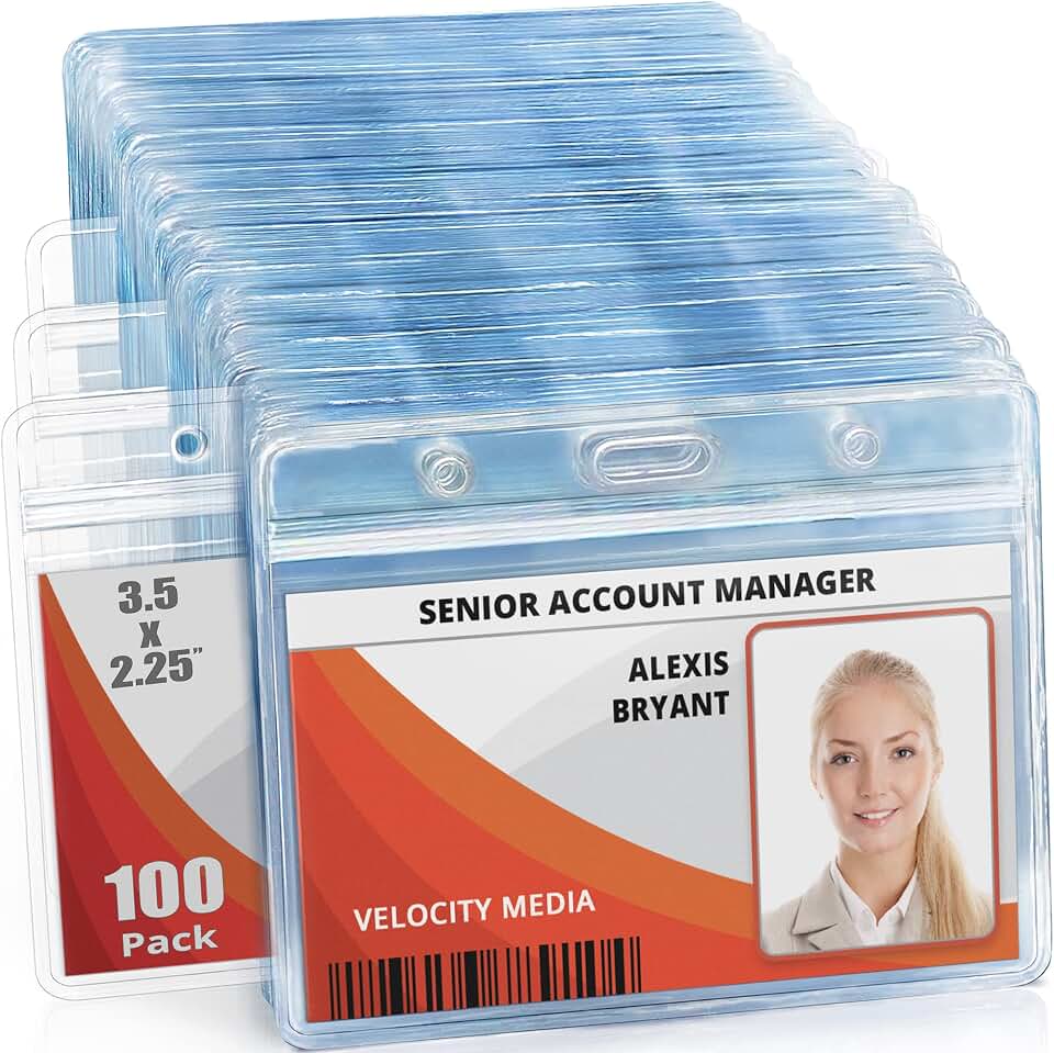 2.25x3.5 Horizontal ID Card &amp; Name Badge Holder - Resealable, 100 Pack | Mifflin clear plastic identification name tag holders, soft edge, zipper seal, pre-punched holes for most lanyard clips