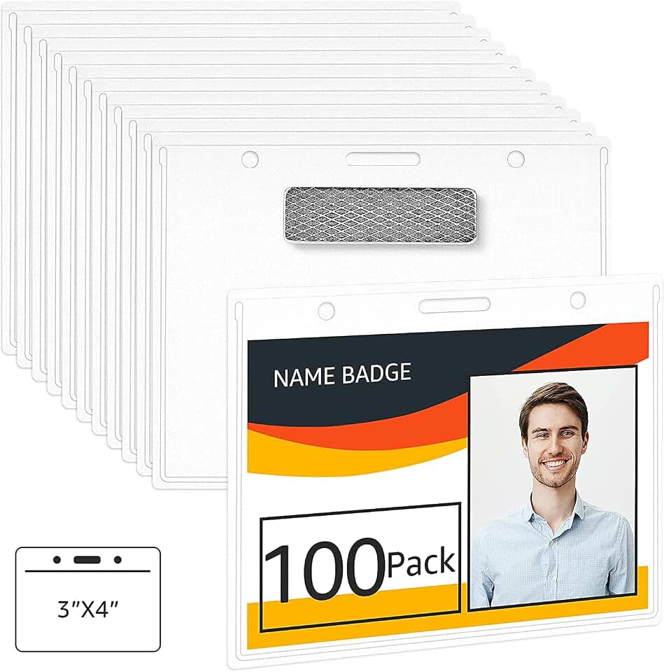 Amazon Basics Horizontal Magnetic Name Badge Holders, Clear, 100-Pack