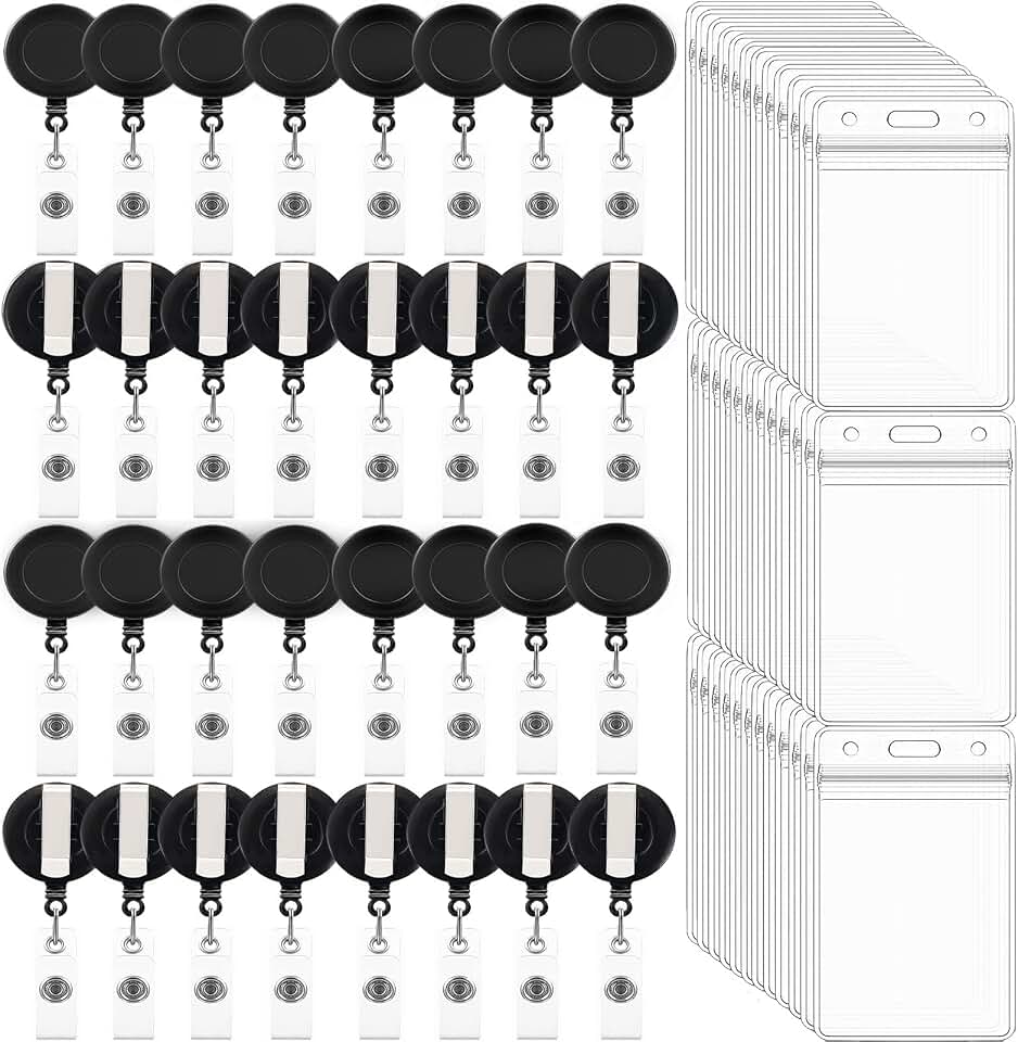 100 Pack Retractable Badge Reel Clips with 100 Pack Vertical ID Card Holders Retractable Badge Holders with Clip ID Badge Clips with Name Card Holder for Nurses Office School,Black