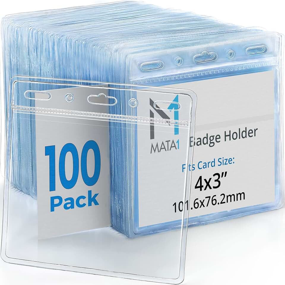 4x3 Thick ID Card, Name Badge Holder - 100 Pack, Horizontal, No Zipper | Mata1 clear name tag holders, plastic card protectors with soft edge, zipperless, pre-punched holes for all lanyard clips