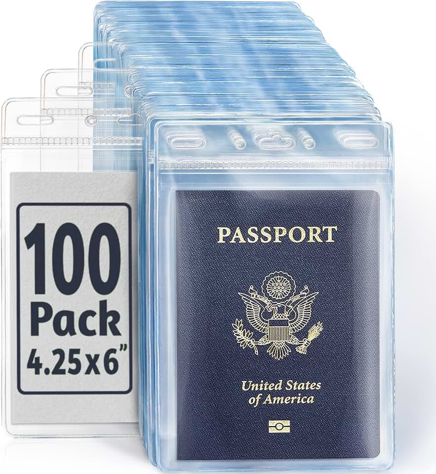 Passport, ID Card, Name Badge Holders - 4x6, 100 PK, Vertical Zipperless | EcoEarth clear plastic identification card holders with soft edge, quick loading, pre-punched holes for all lanyard clips