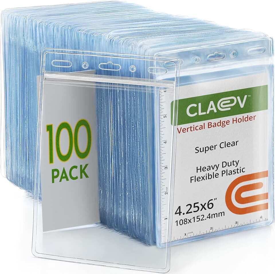 Claev - Vertical 4x6 Passport &amp; Card Holders - Extra Large, 100 Pack | Bulk clear waterproof ID badge holders, fits 4 x 6 insert cards with fast seal for travel, conferences, conventions &amp; events