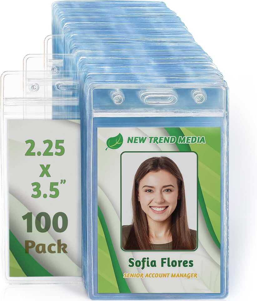 ID Card, Name Tag, Badge Holders - 2.25x3.5, 100 Pack, Vertical Sealable | EcoEarth clear plastic identification card holders with soft edge and zipper seal, pre-punched holes for all lanyard clips