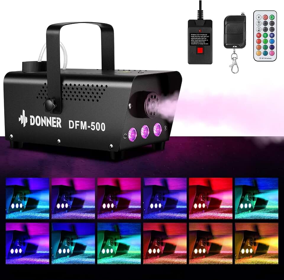 Donner Fog Machine with 13 Colors, 500W 2000CFM Party Smoke Machine with RGB LED Light, Indicate Light with 2 Wireless Remote Controls, Manual Spray Fog, for Halloween Festival Wedding Indoor Use