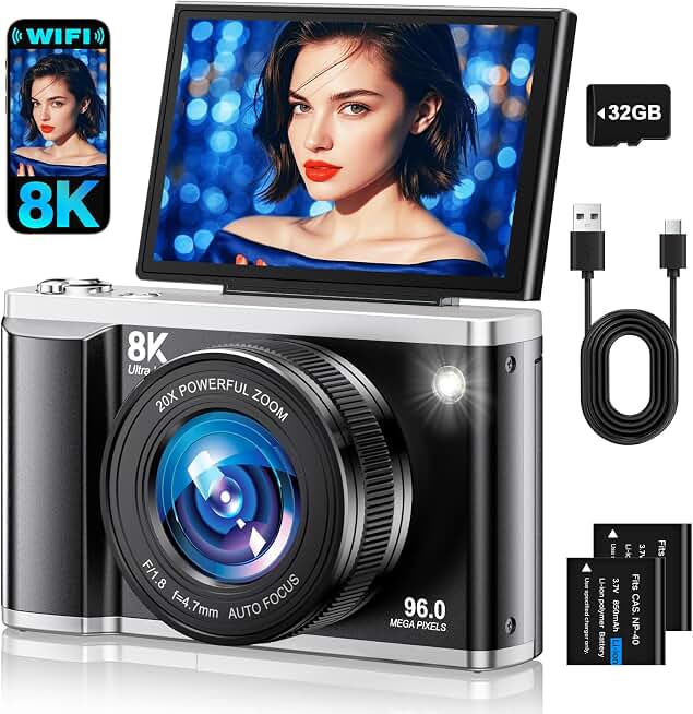 8K Digital Camera for Photography with WiFi 96MP Autofocus Vlogging Camera for YouTube Video 3.5'' 180°Flip Screen 20X Zoom Anti-Shake Compact Point and Shoot Cameras for Beginner Creators with SD Card