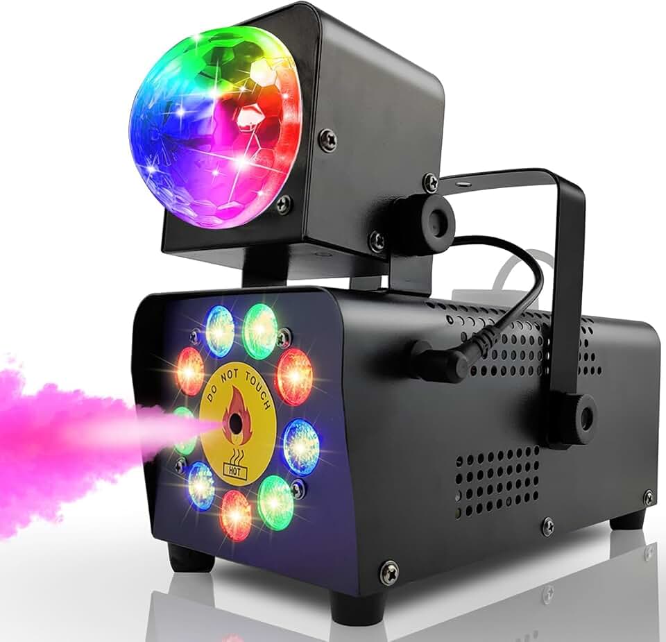 Fog Machine with Disco Ball Light, 9 LED Smoke Machine, Wireless Remote | 16 Lights colors &amp; disco ball, 600ml tank, wireless remote+voice sync, instant party vibe, indoor/outdoor, for events