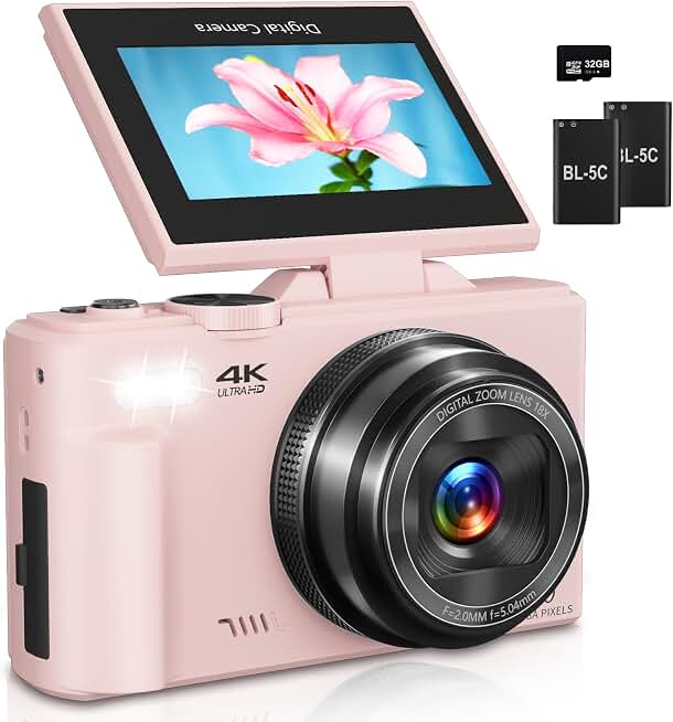 Digital Camera for Photography, 4K Vlogging Camera for YouTube 3" 180° Flip Screen 18X Digital Zoom Compact Camera with 32GB TF Card & 2 Batteries, Pink