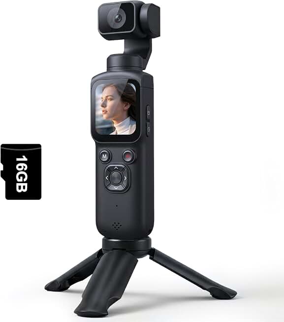 4K Vlogging Camera, Pocket Digital Camera, 330° Rotating Lens | Auto subject framing and WiFi sharing for YouTube, TikTok and travel, includes 16GB card, mini tripod with carrying bag