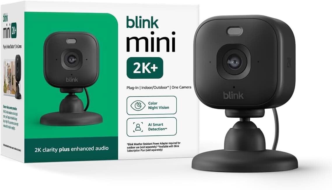 Blink Mini 2K+ (newest model) – Plug-in Home &amp; Pet Indoor Security Camera with 2K video resolution, night vision, enhanced audio, motion detection – 1 camera (Black) Recycled Content Certification for Electrical and Electronic Equipment