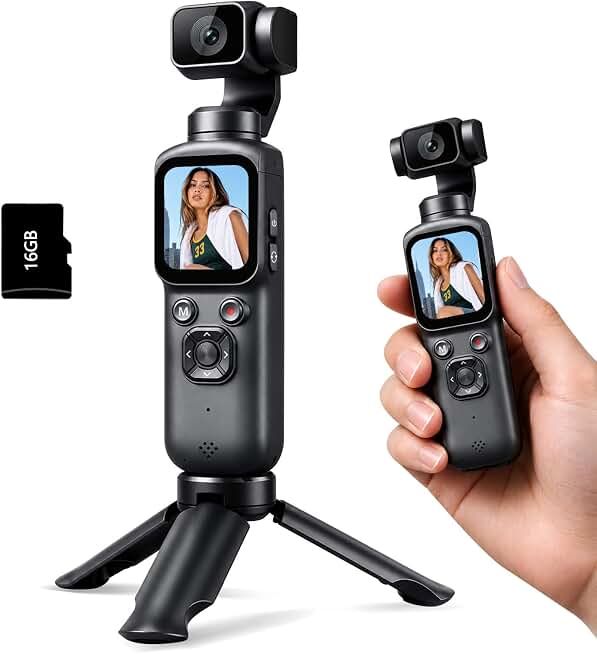 4K Vlogging Camera with 330° Gimbal Lens &amp; 75MP Photo, WiFi Pocket Camera | Compact Vlog Camera for Beginners, 330 Degree Rotating Lens, Content Creator Kit including Tripod &amp; 16GB Card