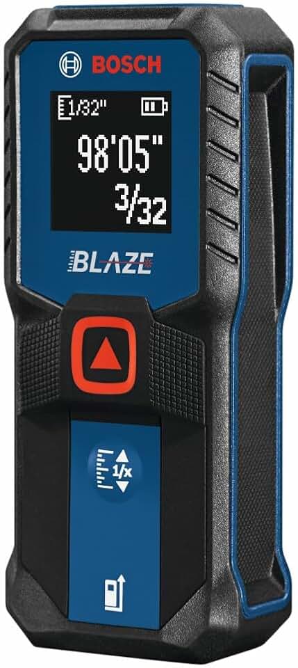 BOSCH GLM100-23 100 Ft Blaze Laser Distance Measure, with 2 AA Batteries | digital tape measure with laser, with backlit display, 1/16 in accuracy, 100 ft measuring range, and includes 2 AA batteries