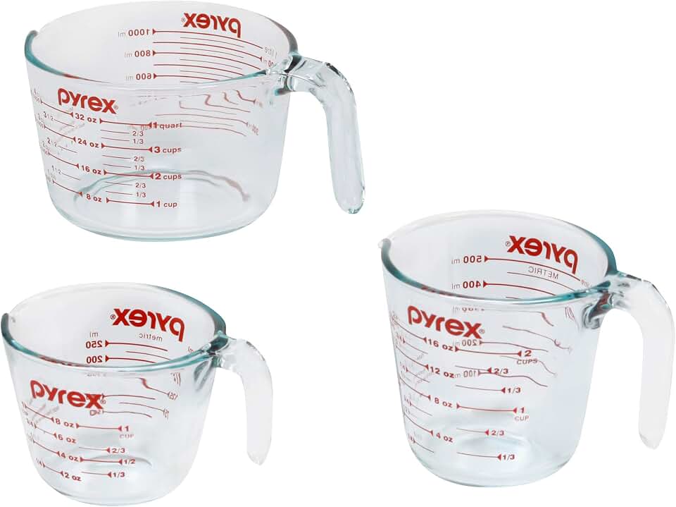 Pyrex Essentials (3-Pack) Glass Measuring Cups Set (1, 2 &amp; 4 Cup) | For prepping, baking and cooking, preheated oven, dishwasher, freezer, and microwave safe