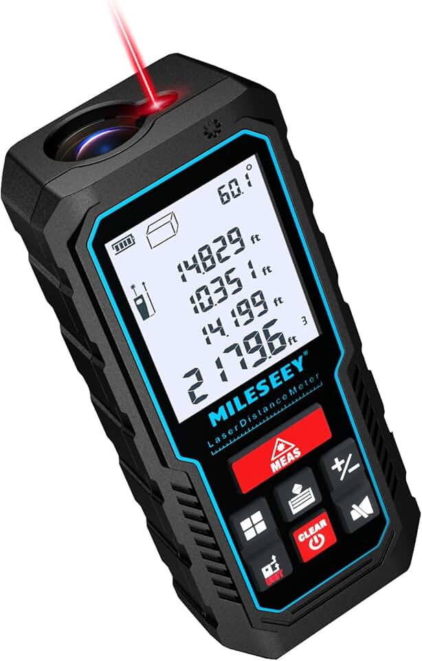 MILESEEY Laser Measure, Laser Measuring Tool with Angle Sensor | 2mm Accuracy, Distance/Area/Volume/Pythagorean Measurement, 2" LCD Backlit, Ft/In/Ft+In/M Unit Switching, Battery Included ClimatePartner certified