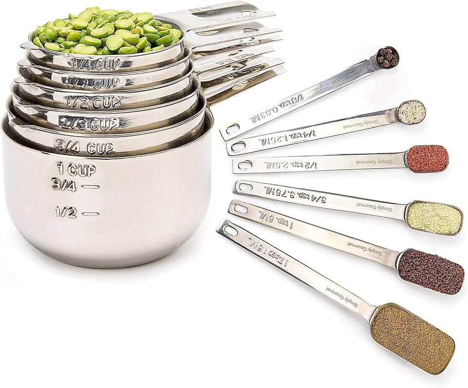 Simply Gourmet Measuring Cups &amp; Spoons Set of 12, 18/08 Stainless Steel Kitchen Gadgets, Stackable Design with Long Handle Spoons, Fits in Spice Jars, Cooking &amp; Baking Set for Dry &amp; Liquid