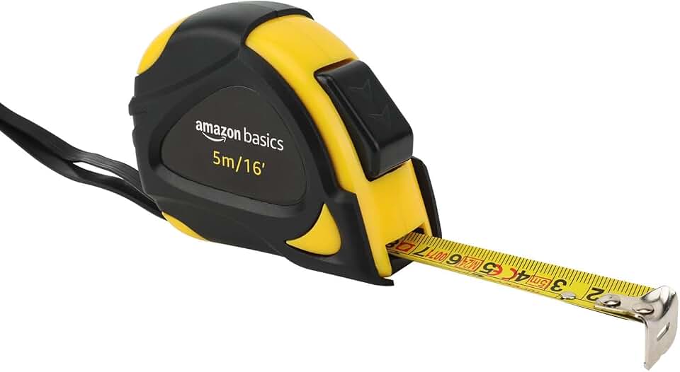 Amazon Basics Self-Locking Tape Measure with Belt Clip, 16-Feet (5-Meters), Inch/Metric Scale, MID Accuracy, Black, Yellow