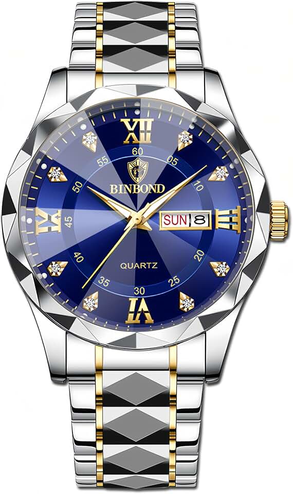 Gosasa Luxury Men's and Women's Business Diamond Stainless Steel Waterproof Roman Numeral Analog Quartz Watch featuring Day-Date Calendar, Gold and Silver Tone