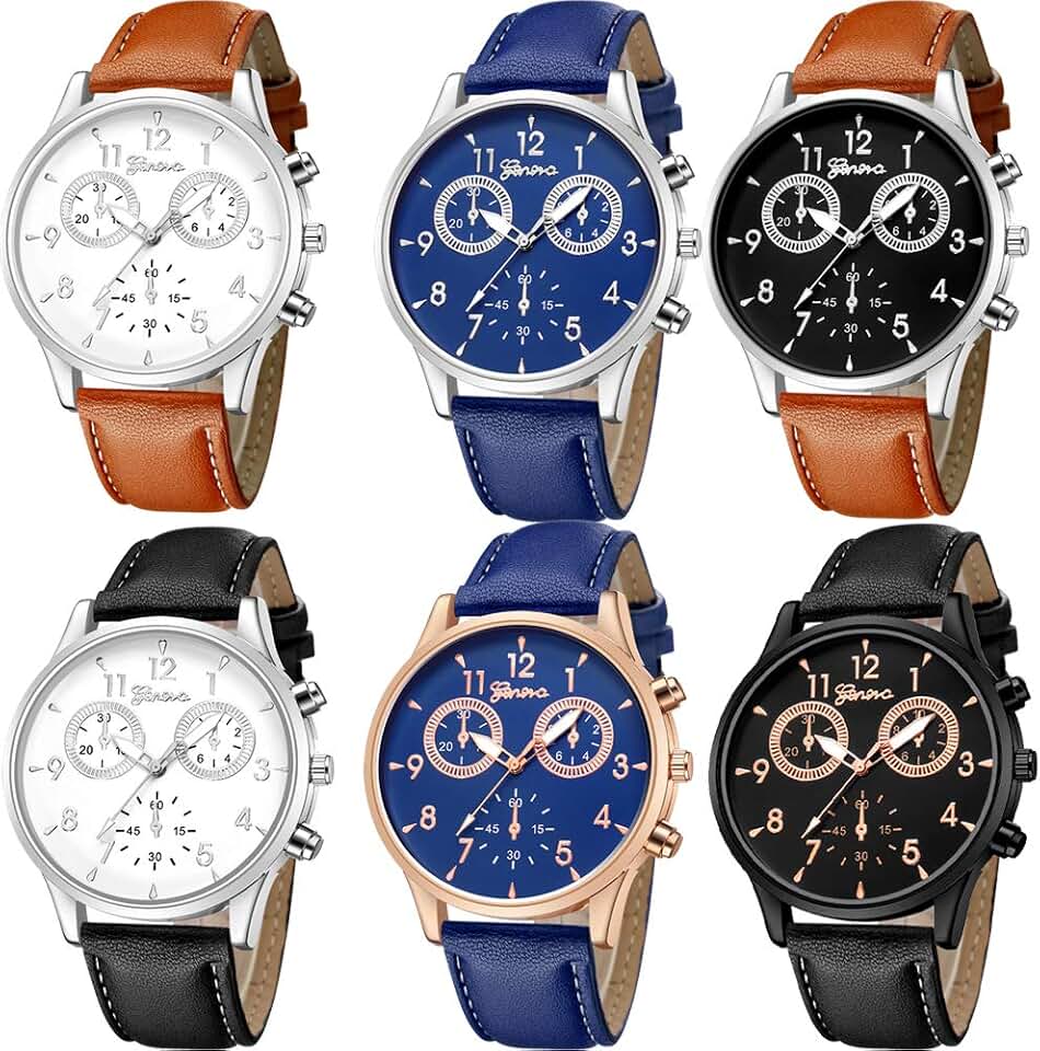 6 Pack Men's Leather Quartz Watch Geneva Casual Dress Wrist Band Watches Wholesale Lot Set