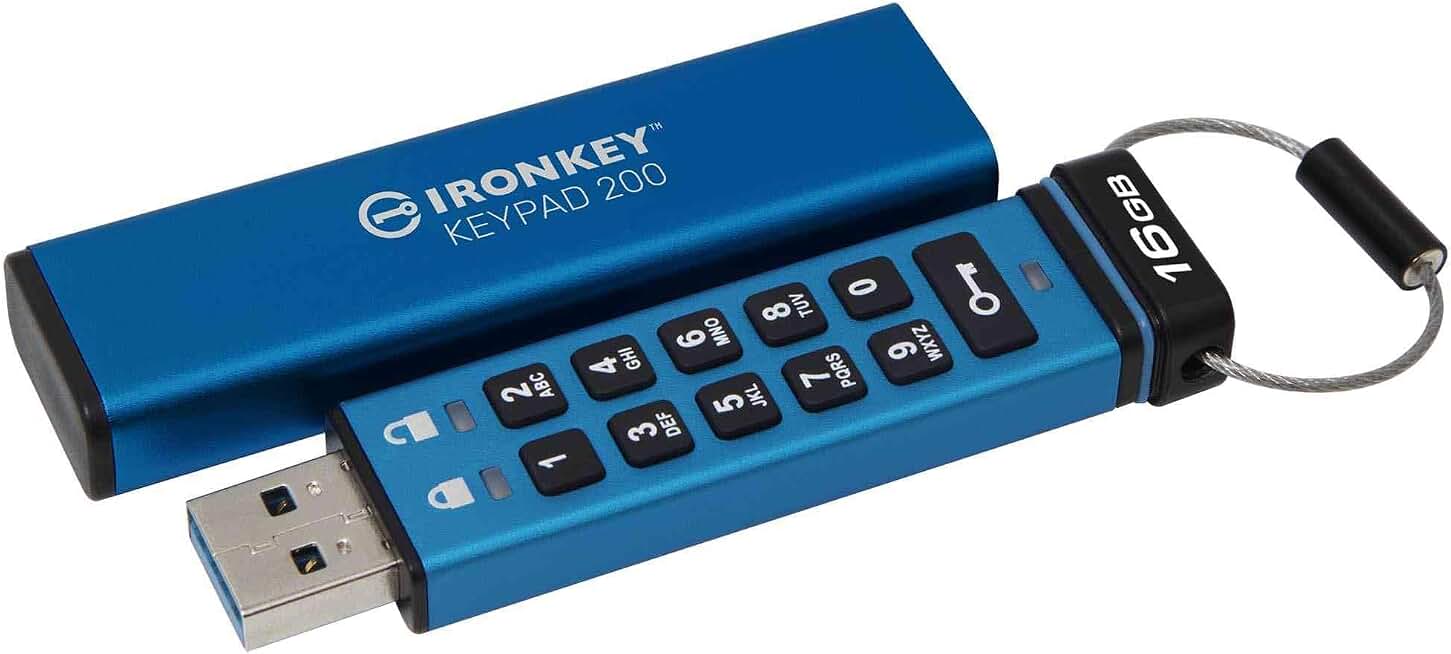 Kingston Ironkey Keypad 200 16GB Encrypted USB | Alphanumeric Keypad | Multi-Pin Access | XTS-AES 256-bit | FIPS 140-3 Level 3 Certified | Brute Force &amp; BadUSB Protection | IKKP200/16GB,Blue