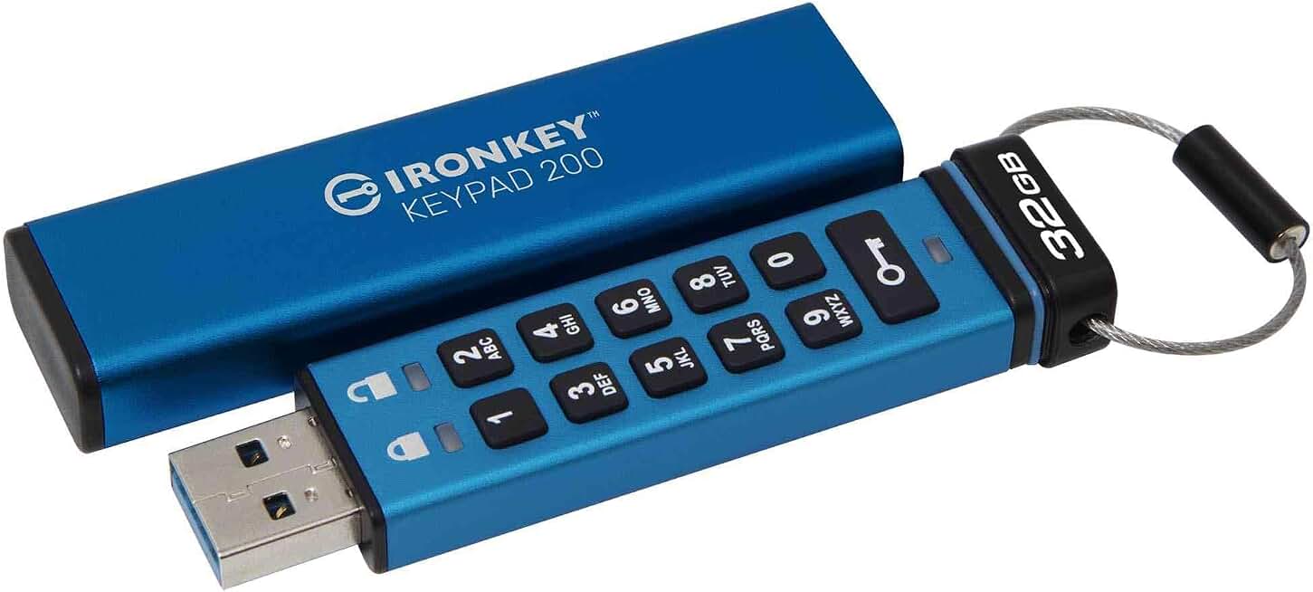 Kingston Ironkey Keypad 200 32GB Encrypted USB | Alphanumeric Keypad | Multi-Pin Access | XTS-AES 256-bit | FIPS 140-3 Level 3 Certified | Brute Force &amp; BadUSB Protection | IKKP200/32GB,Blue