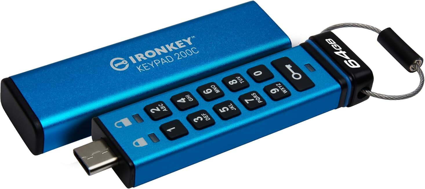 Kingston Ironkey Keypad 200 USB-C 64GB Encrypted Flash Drive | OS Independent | FIPS 140-3 Level 3 | XTS-AES 256-bit | BadUSB and Brute Force Protection | Multi-Pin Option | IKKP200C/64GB