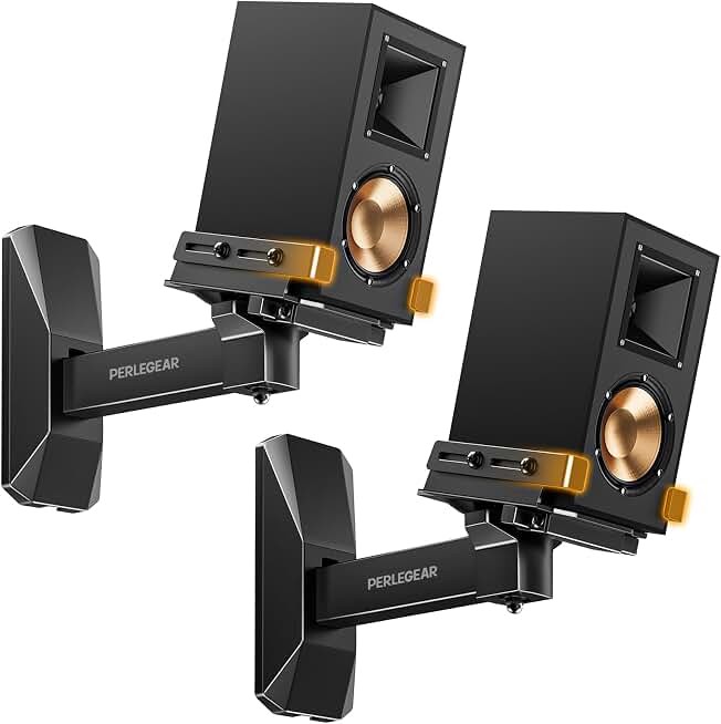 Perlegear Speaker Wall Mounts, Bookshelf Speaker Mounting Brackets with Dual Side Stable Clamp Design, Wide Tilt &amp; Swivel Shelf for Large Surrounding Sound Speakers, Up to 55 lbs, 1 Pair Recycled Claim Standard Blended