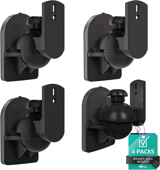 WALI Speaker Wall Mount, Surround Sound Speaker Stand with Adjustable Swivel Tilt Angle, Small Bookshelf Speaker Mount for Living Room, Home Theater, Hold up to 7.7 Lbs, (SWM402), 4 Pack, Black