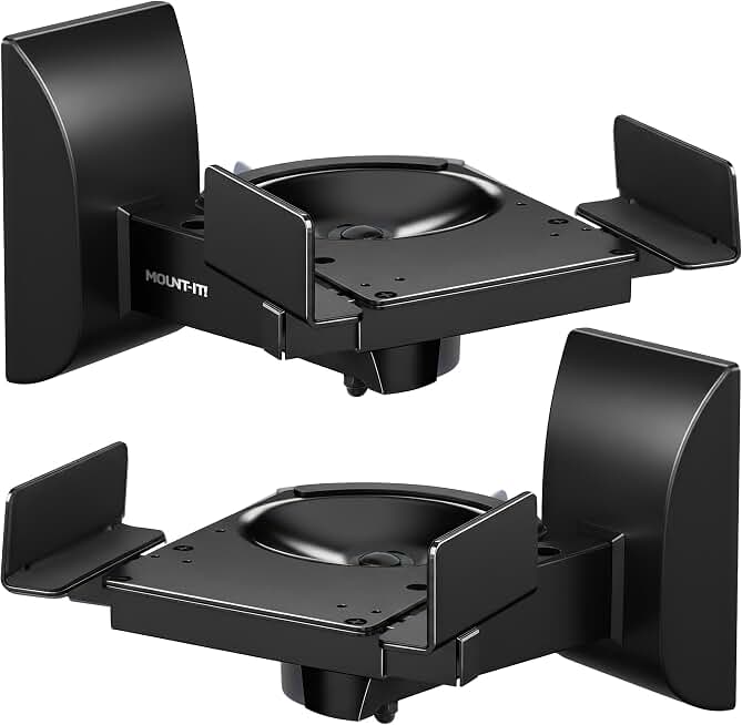 Mount-It! Bookshelf Speaker Wall Mount, Pair of Universal Side Clamping Speaker Shelf Wall Mounting Brackets for Large or Small Speakers, 2 Full Motion Mounts, 55 Lbs Capacity, Black (MI-SB37)