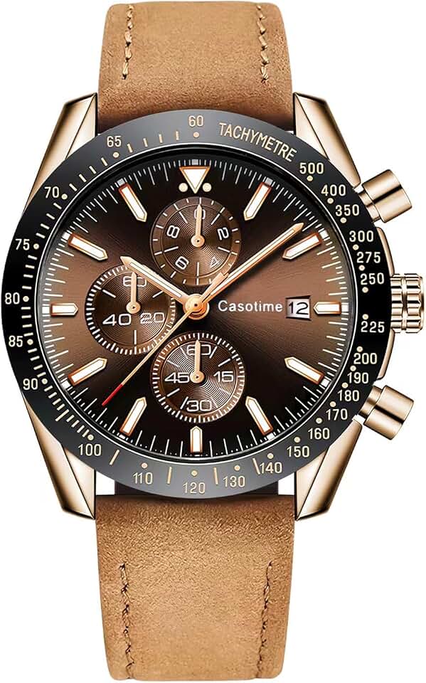 Casotime Men's Leather Chronograph Watch, Glowing Hands, Gift for Him
