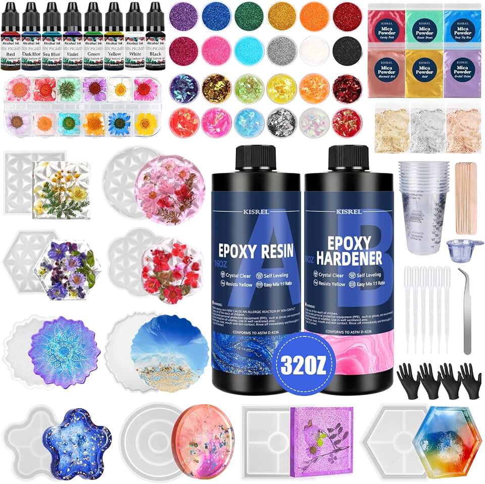KISREL Epoxy Resin Kit for Beginners, 32oz Resin Kit with Coaster Molds, Complete Accessories Include Pigment, Mica Powders, Dried Flowers, Glitter, Measuring Cups and Other Resina Supplie
