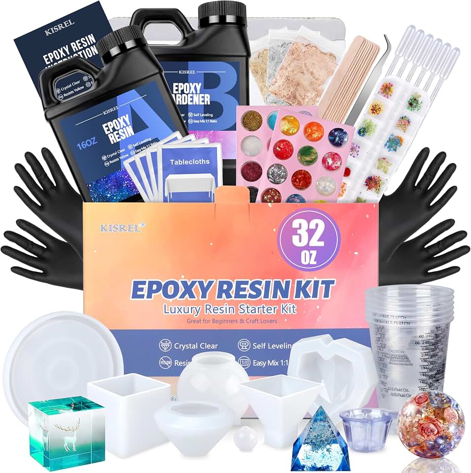 KISREL Epoxy Resin Kit 32OZ with Molds, Dried Flowers &amp; Tools for Beginners | All-in-one starter set with molds,Crystal clear, bubble-free &amp; easy 1:1 mix,Ideal for jewelry, coasters &amp; DIY crafts