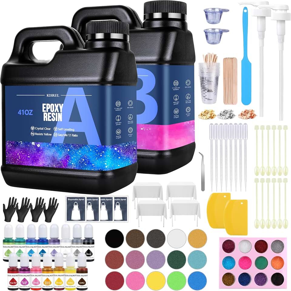 KISREL Epoxy Resin Kit 82OZ, Crystal Clear No Yellowing Resin Kit for Craft | Bubble-free epoxy resin kit, 15 pigments &amp; 15 mica powders. Casting resin for art, jewelry, wood &amp; resin molds. 41oz x 2 set