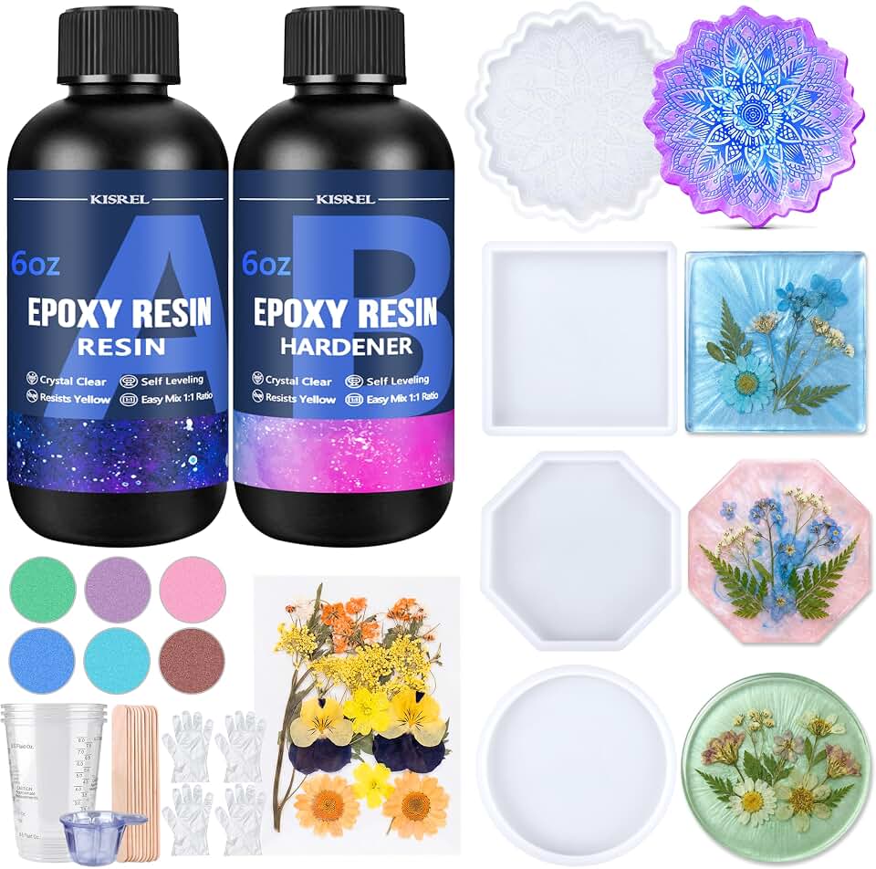 KISREL Epoxy Resin Kit for Beginners, 12OZ Resin Kit with Silicone Molds | Resin Kit, Complete Accessories Include Mica Powders, Dried Flowers, Measuring Cups and Other Resin Supplies for DIY