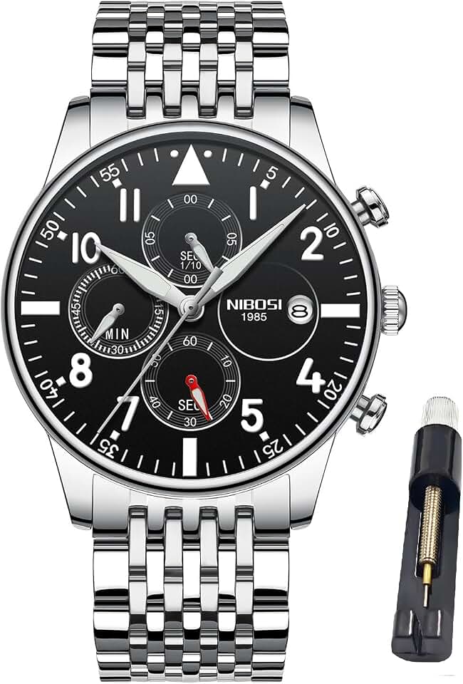 NIBOSI Watches for Men Quartz Analog,Stainless Steel Silver Blue,Day & Date