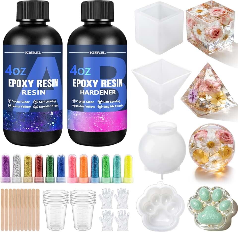 KISREL Epoxy Resin Kit 8OZ with Molds, 12 Glitter &amp; Tools for Beginners | Complete starter kit with molds, 12 glitters &amp; tools,Crystal clear, bubble-free ,Perfect for keychains, coasters &amp; DIY crafts
