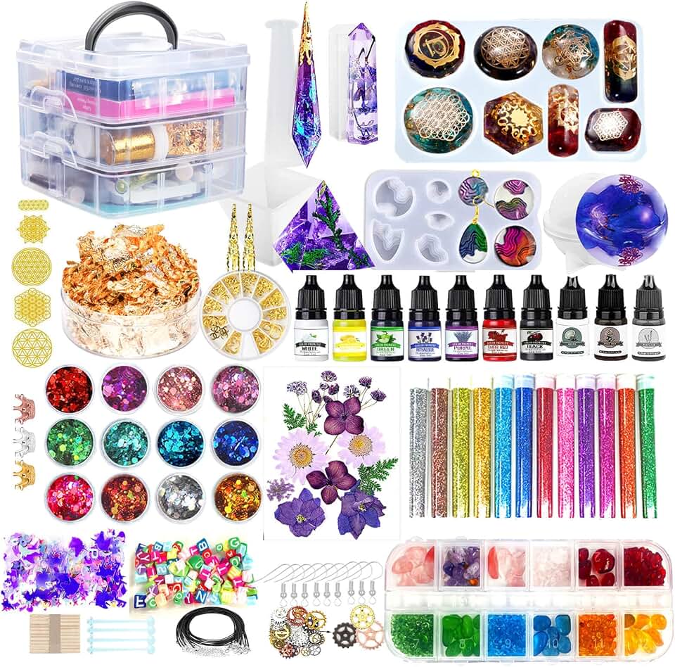 Resin Kit 3-Tier Storage Box Jewelry Making Kit with Molds | Resin Art Kit with 6 Silicone Molds, Glitter, Inks, Dried Flowers