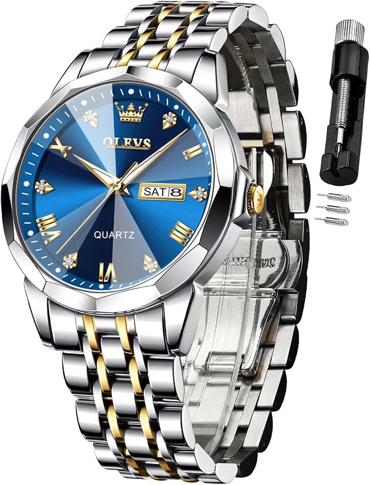 OLEVS Watch for Men Diamond Business Dress Analog Quartz Stainless Steel Waterproof Luminous Date Two Tone Luxury Casual Wristwatch Blue