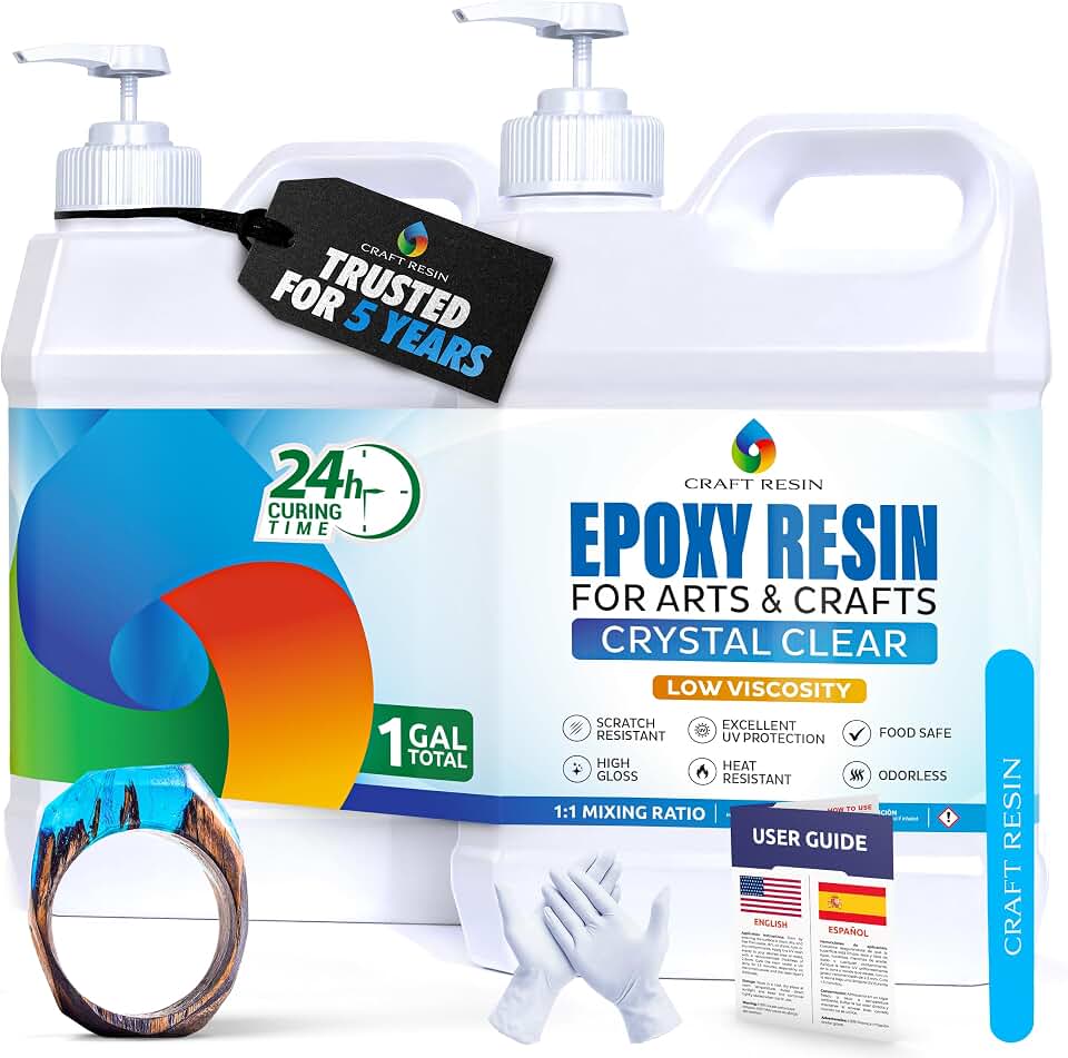 CRAFT RESIN 1 Gallon Crystal Clear Epoxy Resin Kit with Pumps - Food Safe &amp; UV Resistant for DIY Art, Wood, Jewelry Making, Coasters, Mold Casting Resin Epoxy - Low Viscosity for Beginners &amp; Pros