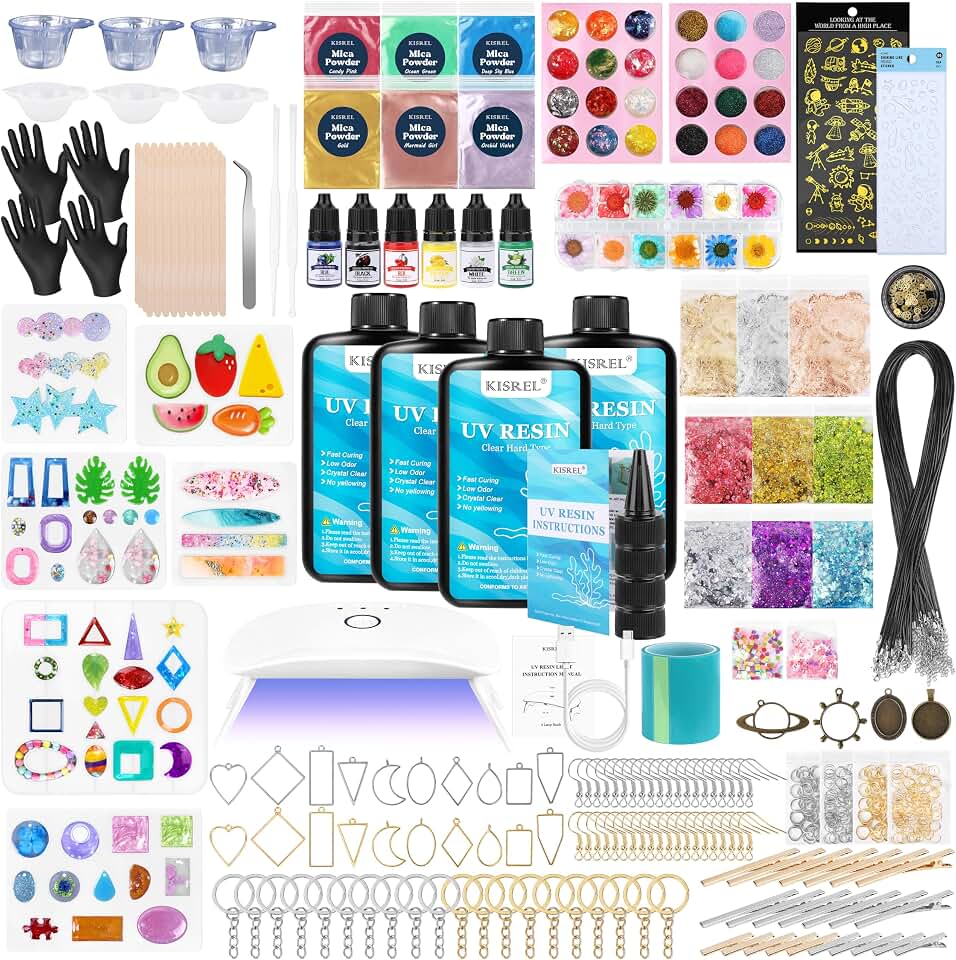 KISREL 400g UV Resin Kit with Light and Molds, Clear Low Odor Hard UV Glue | Complete Resina Starter Supplies for Bulk DIY Jewelry Making, Crafts, Keychain
